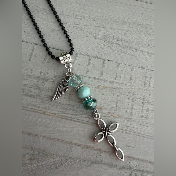 Guardian Angel Rearview Mirror Silver Cross Green Crystal Suncatcher 6" Charm - Picture 3 of 3